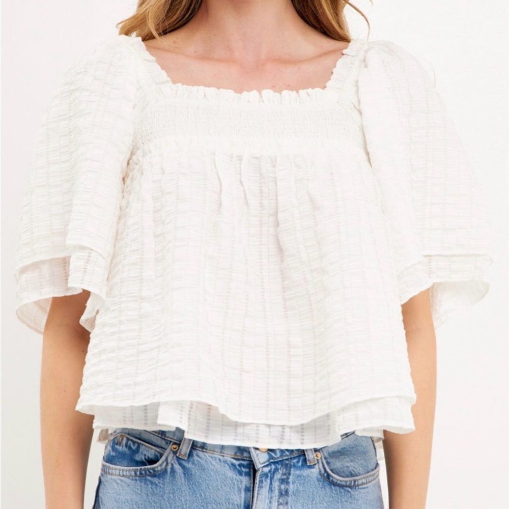 Free the Roses White TEXTURED CRINKLE DOUBLE FLUTTER TOP size large